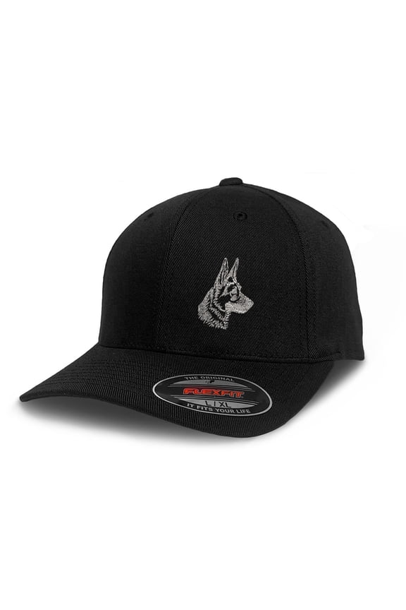 Flexfit Left Side Panel German Shepherd Head Silver Embroidery Hats for Men & Women Polyester Black Small Medium