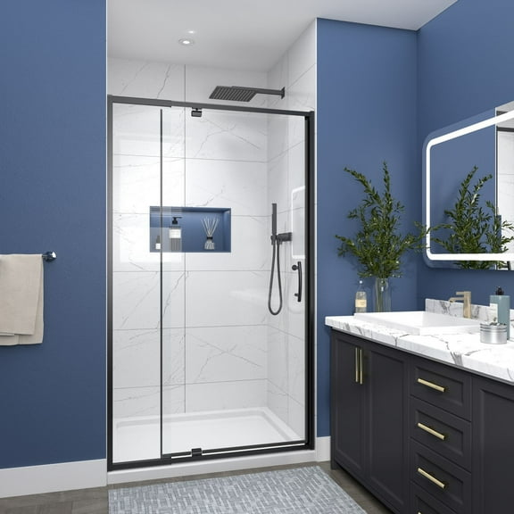 Black Shower Door 3842 in Pivot Shower Door in Matte Black | Flexi Series