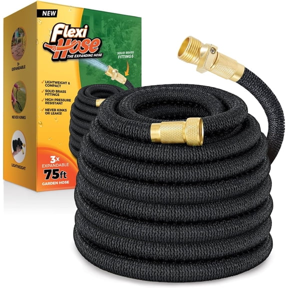 Flexi Hose Lightweight Expandable Garden Hose, 75FT -Retractable Garden Hose, Water Hose - No-Kink Flexibility, 3/4 Inch Solid Brass Fittings and Double Latex Core