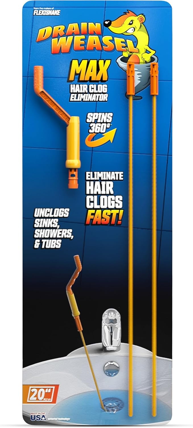FlexiSnake Drain Weasel MAX Drain Hair Clog Remover Tool with Rotating Handle and 2 Wand Refills, Made in the , 20 inch