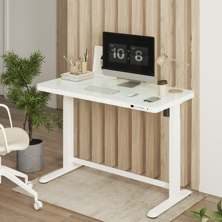 FlexiSpot 48 Workstation Ergonomic Adjustable Height Standing Desk Tempered Glass Top White with Embedded Drawer Walmart