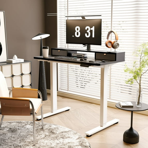 FlexiSpot 48"x24" Electric Standing Desk with One-Piece Desktop, 2 Removable Drawers, Headphone Hook, 4 Height Memory Presets, 250lbs Capacity Ergonomic Sit Stand Desk with Monitor Stand