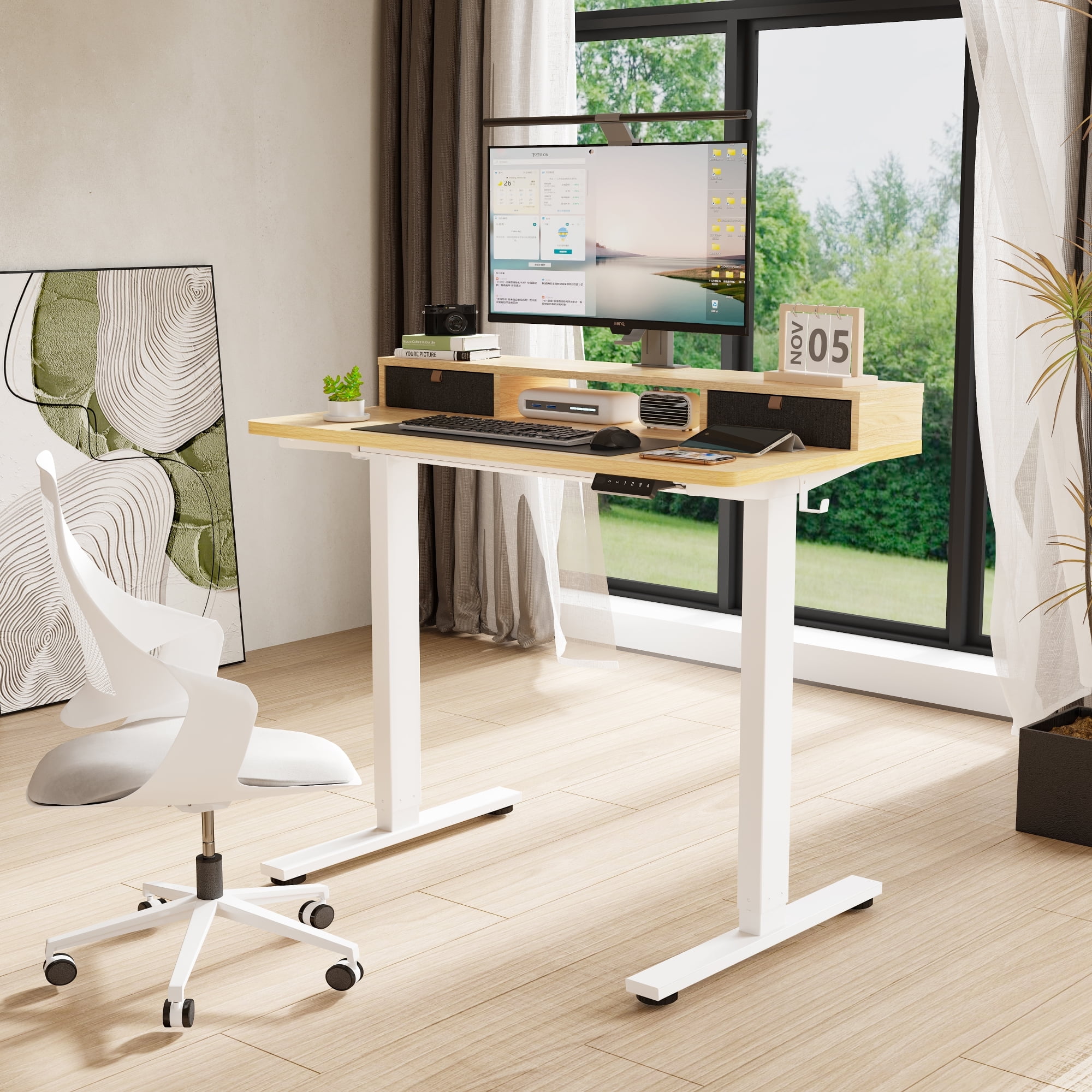 FlexiSpot 48"x24" Electric Standing Desk with One-Piece Desktop, 2 Removable Drawers, Headphone Hook, 4 Height Memory Presets, 250lbs Capacity Ergonomic Sit Stand Desk with Monitor Stand