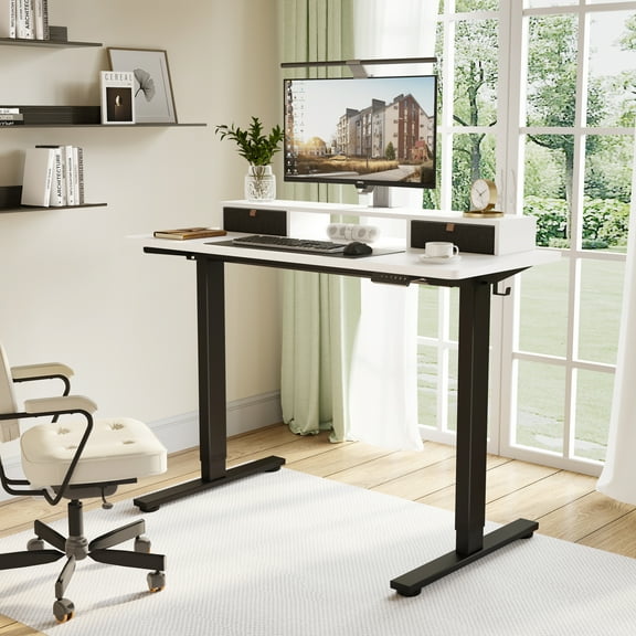 FlexiSpot 55"x24" Height Adjustable Standing Desk with 2 Drawers, Ergonomic Monitor Stand Computer Desk Black Frame and White Top