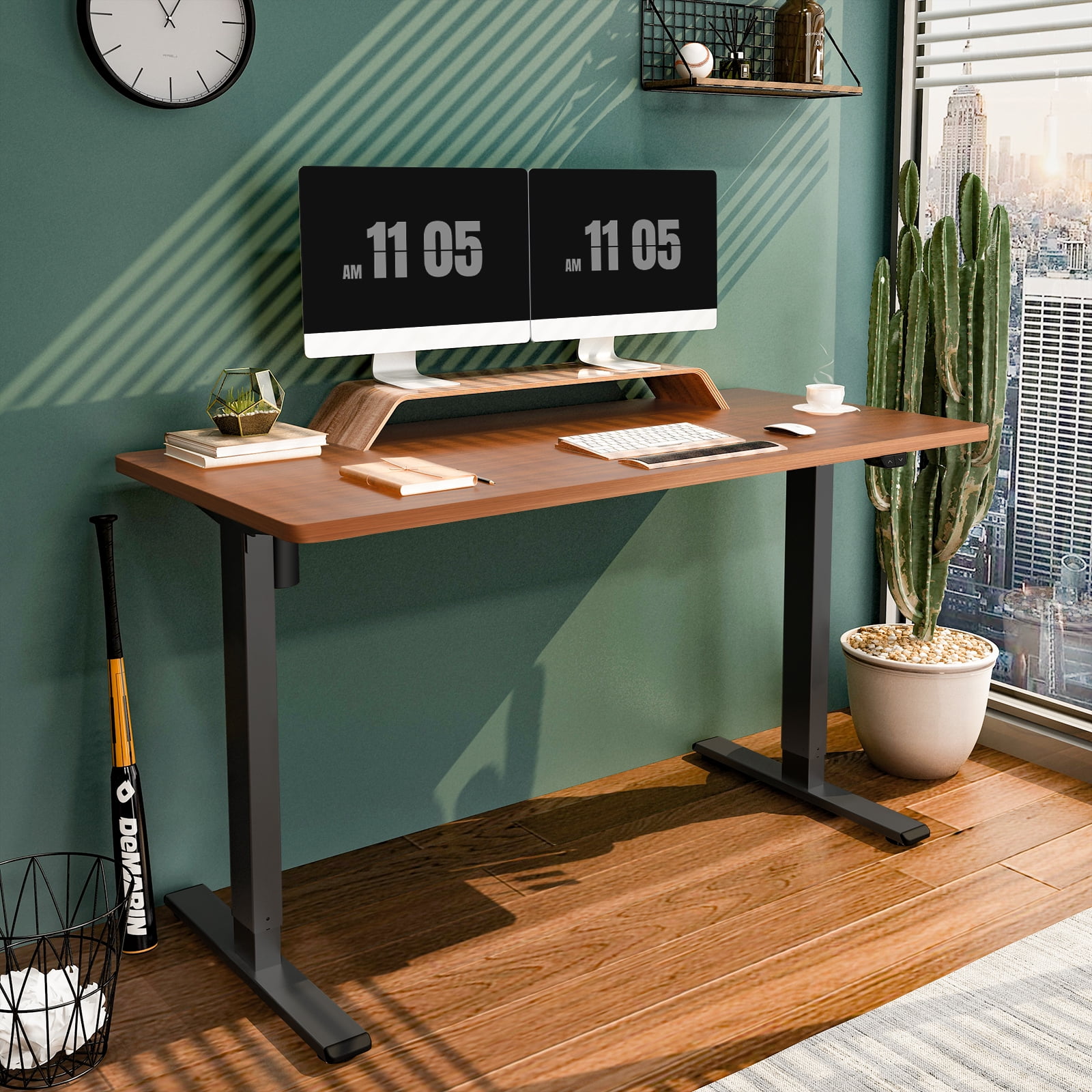 FlexiSpot 55x28 Home Office Electric Height Adjustable Standing Desk  Black Frame and Mahogany Top