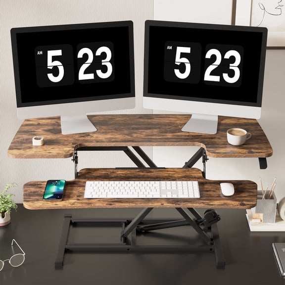 FitStand Home Office Height Adjustable Standing Desk Converter Special Walnut 40" U-Shape with Keyboard Tray