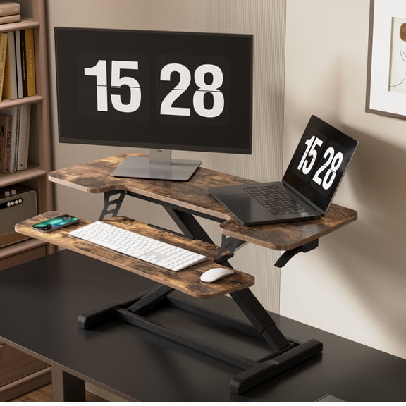 FitStand Home Office Height Adjustable Standing Desk Converter Special Walnut 40" U-Shape with Keyboard Tray