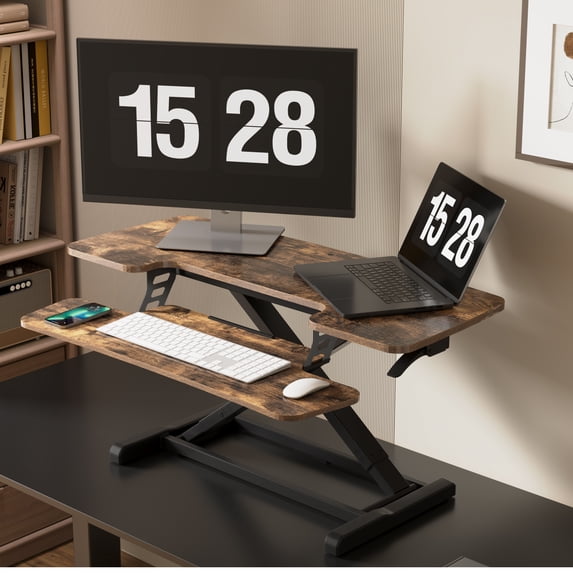 FitStand Home Office Height Adjustable Standing Desk Converter Special Walnut 40" U-Shape with Keyboard Tray