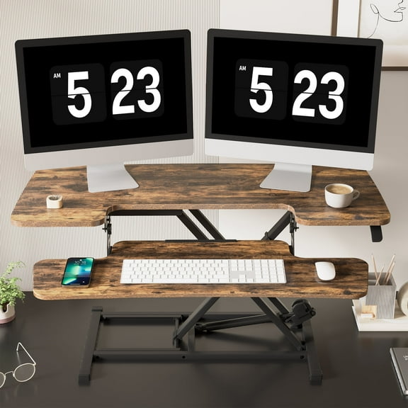 FlexiSpot Adjustable Standing U Shape Desk Converter with Keyboard Tray, Special Walnut