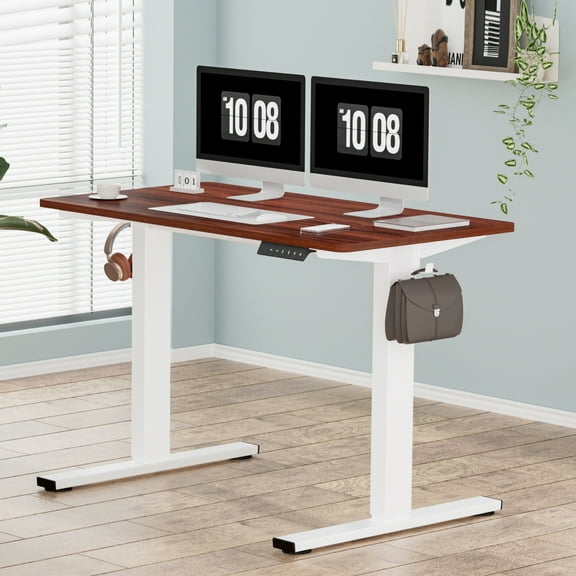 FLEXISPOT 48" x 24" Electric Height Adjustable Standing Desk with Whole-Piece Desktop, Ergonomic Sit Stand Computer Desk for Home Office Workstation(White Frame+ Mahogany Top)