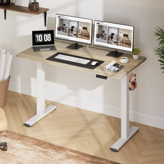 FitStand Electric Height Adjustable Standing Desk, 48"x24" One-Piece Desktop Sit Stand up Desk with 176 lbs Load, 4 Memory Heights & 2 Hooks for Home Office, Light Brown