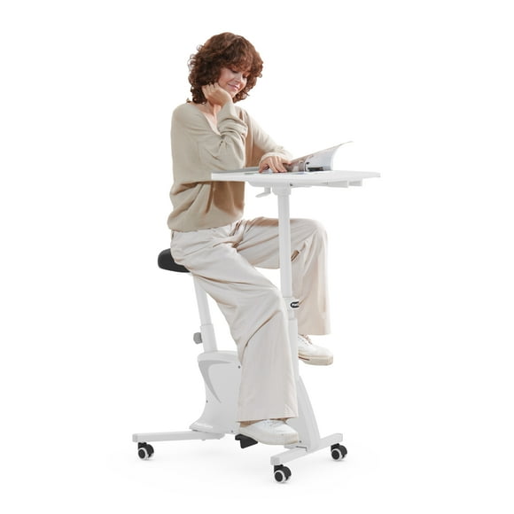FlexiSpot Home Office 3-IN-1 Exercise Bike Under Desk Cycle Bike Chair With Desktop 350LBS Heavy Duty for Exercise at Home,White