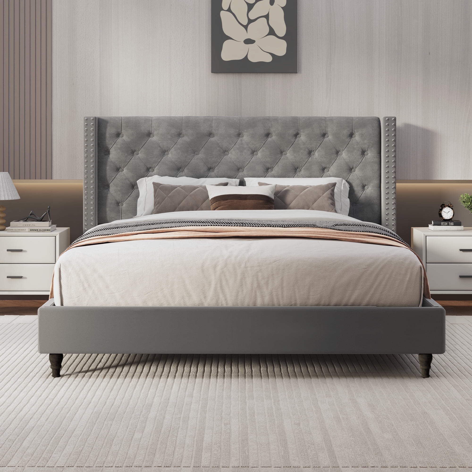 FlexiSpot King Size Upholstered Platform Bed Frame with Tall Tufted Wingback Headboard, Soft Fabric Upholstery, Solid Wood & Center Support Legs, Noise-Free Structure, 750lbs Heavy-Duty