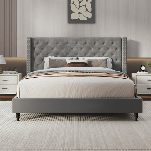 FlexiSpot King Size Upholstered Platform Bed Frame with Tall Tufted Wingback Headboard, Soft Fabric Upholstery, Solid Wood & Center Support Legs, Noise-Free Structure, 750lbs Heavy-Duty