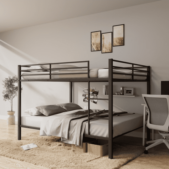 FlexiSpot Low Profile Full Over Full Bunk Bed Frame With Built-in Ladder, High Guardrail and Metal Slats, Space-Saving Bed Frame, No Box Spring Required