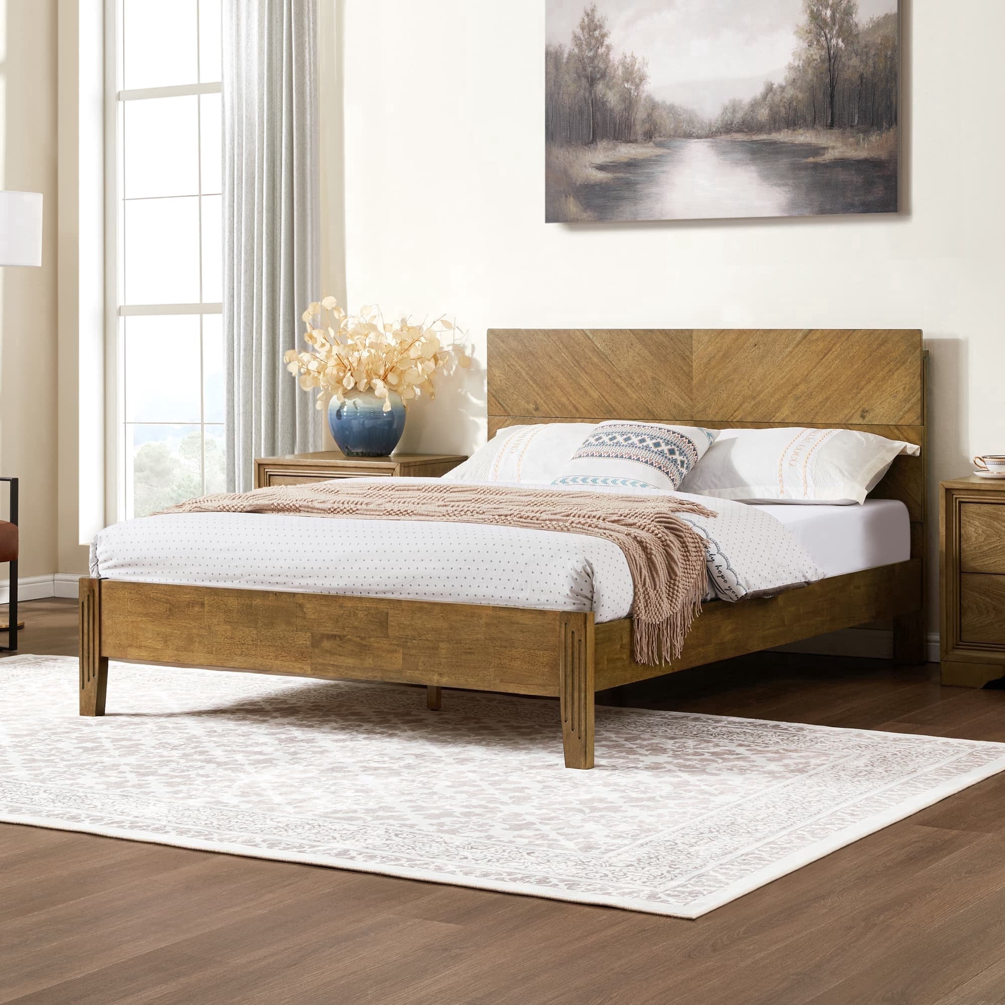 FLEXISPOT Queen Size Solid Wood Platform Bed Frame with Headboard, No Tools Required, 1200 lbs Heavy Duty, Quiet Design, Easy Assembly, Walnut