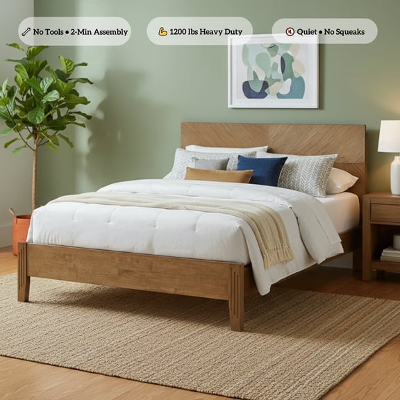 Flexispot Queen Size Solid Wood Bed Frame with Headboard, No Tools Required, 1200 lbs Heavy Duty, Quiet Design, Easy Assembly, Walnut
