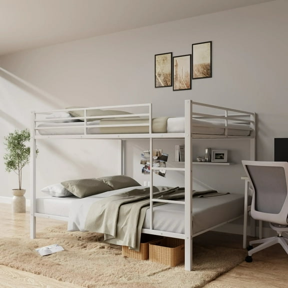 Full Over Full Metal Bunk Bed, Heavy-Duty Low-Profile Bunk Frame with Built-in Ladder & Safety Guardrails, Sturdy No-Box-Spring Design for Small Spaces, White