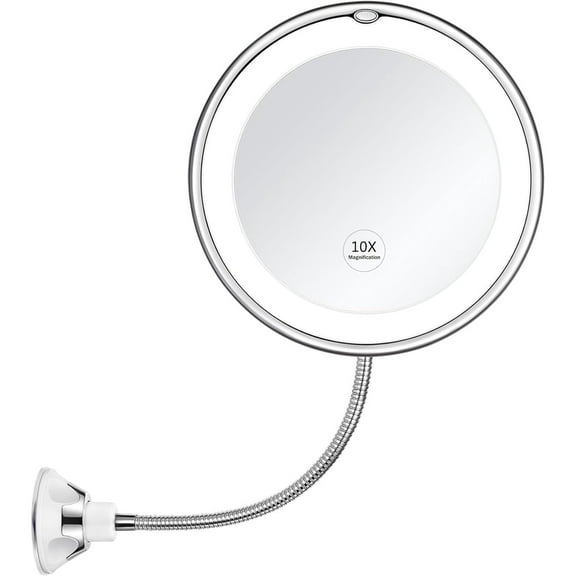 Flexible 10x Magnifying Mirror with Light Settings - Makeup Mirror with Suction Cup and 360 Degree Swivel,Makeup Mirror for Bathroom, Cordless Makeup Mirror , (White)