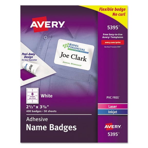 "Flexible Adhesive Name Badge Labels, 3.38 X 2.33, White, 400/box | Bundle of 2 Boxes"