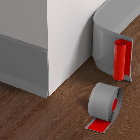 Flexible Baseboard Molding Trim, 4 Inch x 20 Feet Vinyl Wall Base with 10% Wider Self-Adhesive Tape, Peel and Stick Cove Base, Rubber Wall Base Baseboard Trim for Garage, Living Room,Bathrooms, Gray