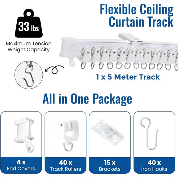 Flexible Bendable Ceiling Curtain Track, 16.4 ft (5 m), Mount for Rail with Curtain Tracks System, Room Divider, Curtains Rod, RV Ceiling Track for Curtains, White