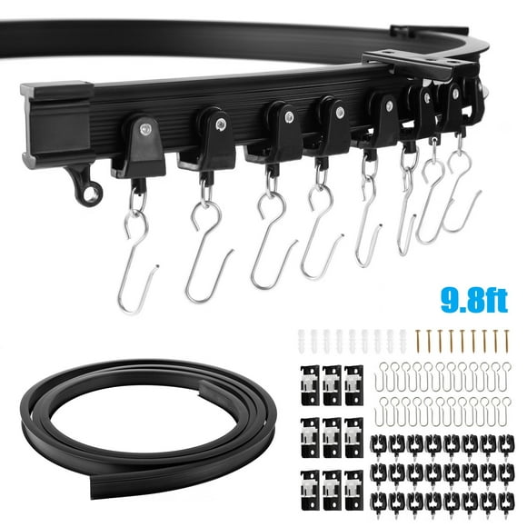 Flexible Bendable Ceiling Curtain Track, Black Curved Ceiling Mount Curtain Rail with Hooks & Accessories Set (3m/9.8ft)