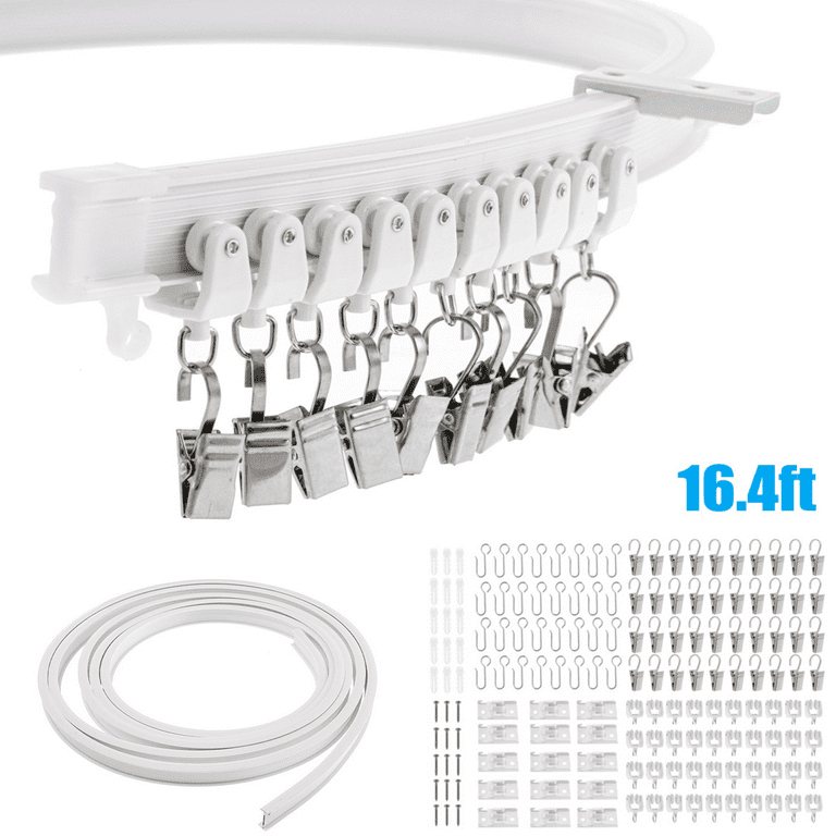 Flexible Bendable Ceiling Curtain Track, White Curved Ceiling Mount Curtain  Rail with Hooks & Accessories Set (5m/16.4ft) 