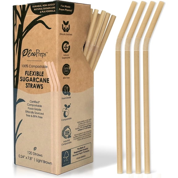 Flexible Biodegradable Sugarcane Straws, 120 Count | 100% Compostable, Plastic-Free, Eco-Friendly Drinking Straws for Cold Drinks | 7.8'' Bendable, Disposable Sugarcane Fiber Straw (120 PCS)