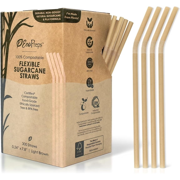 Flexible Biodegradable Sugarcane Straws, 300 Count | 100% Compostable, Plastic-Free, Eco-Friendly Drinking Straws for Cold Drinks | 7.8'' Bendable, Disposable Sugarcane Fiber Straw (300 PCS)