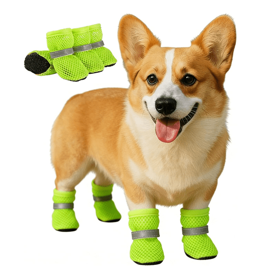 Flexible Breathable Mesh Pet Dog Booties, Reflective Adjustable Strap Non Slip Dog Shoes, Practical Paw Protectors for Daily Outdoor Walks and Household Cleanliness (Green,XL)