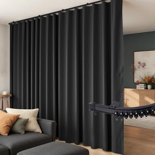 Flexible Ceiling Track Set with Blackout Curtain for Room Divider, Privacy Panels for Living Room & Bedroom, Black Drape and Rail, 100" Wide by 84" High