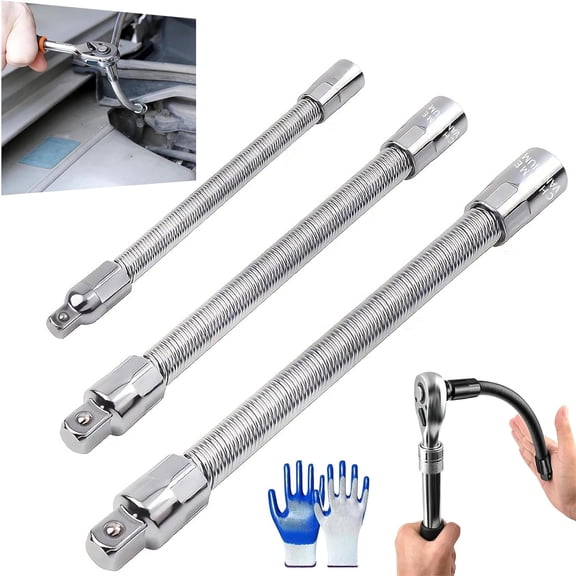 Flexible Connecting Rod, 3 PCS Flexible Extension Socket Set with 3/8, 1/4, 1/2 Flexible Shaft Extension Extender Torque Socket,Fits into Tight Spaces, No More Busted Knuckles (Silver)