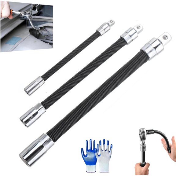 Flexible Connecting Rod, 3 PCS Flexible Extension Socket Set with 3/8, 1/4, 1/2 Flexible Shaft Extension Extender Torque Socket,Fits into Tight Spaces, No More Busted Knuckles (Black)