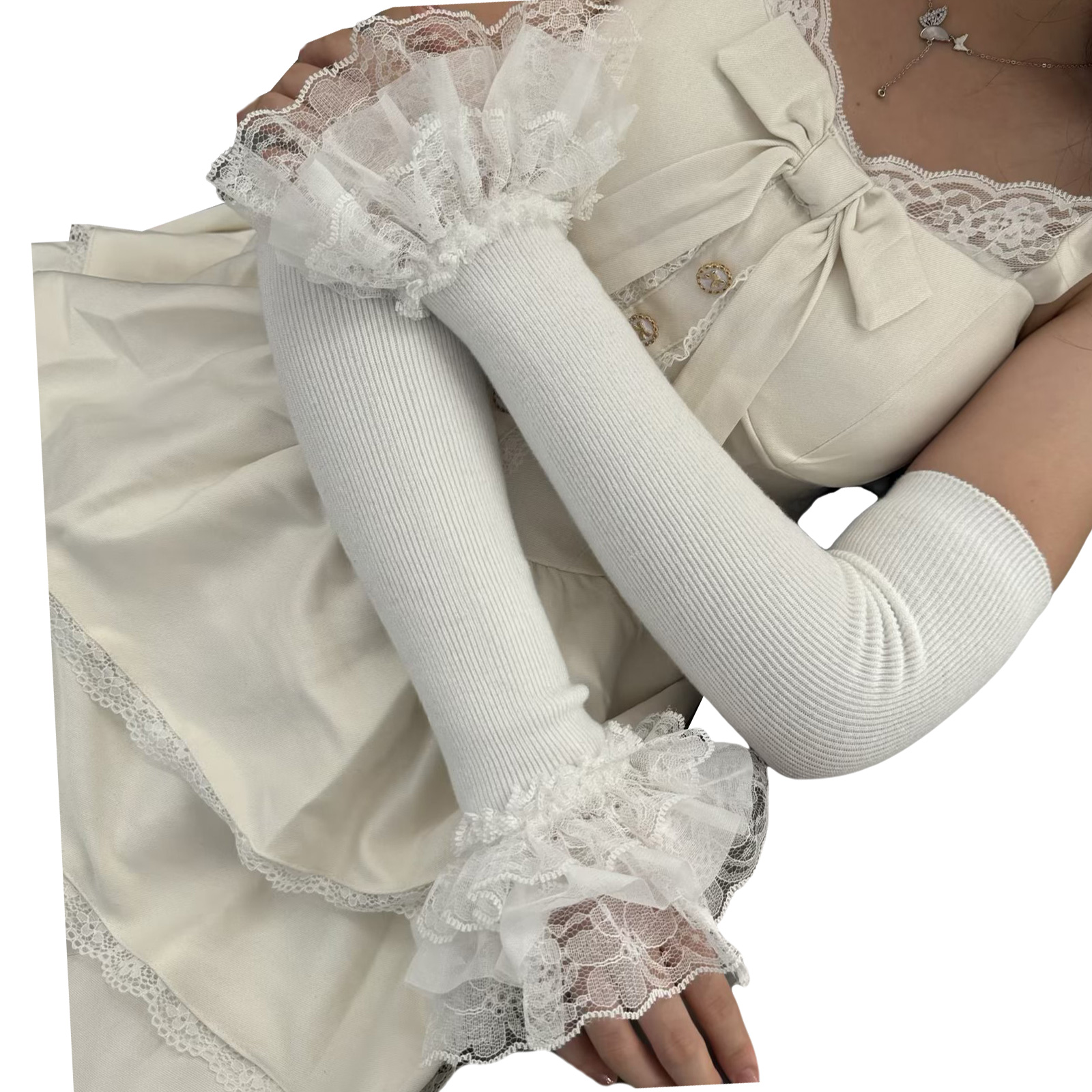 Flexible Cotton Lace Gauntlets Double Layered Thumb Hole Plan Insulated ...