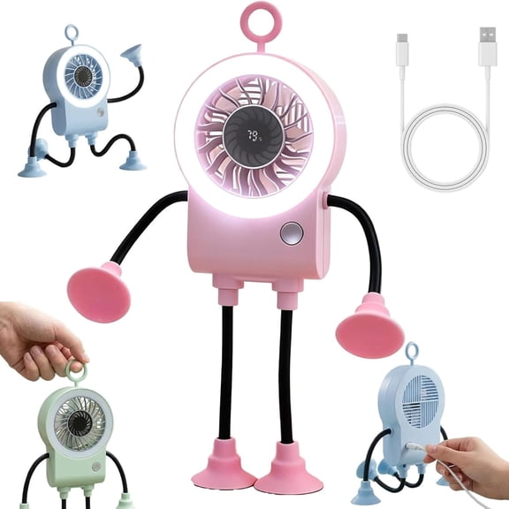 Flexible Cute Robot Desk Fan with LED Light, USB Rechargeable Suction Cup Table Fan, Bendable Legs Personal Desktop Fans with Phone Stand, Portable Mini Fans for Home Office Car Travel (pink)
