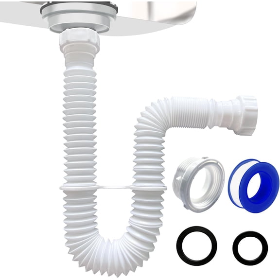 Flexible Drain Pipe 1-1/2 Inch, Kitchen Sink P Trap, White, 1-Pack