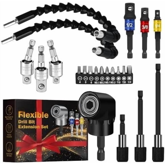 Flexible Drill Bit Extension Set, 105? Right Angle Drill Attachment, 1/4 3/8 1/2" Hex Shank Driver Socket Adapter Rotatable Socket, Bendable Drill Bit Extension and Bit Kit
