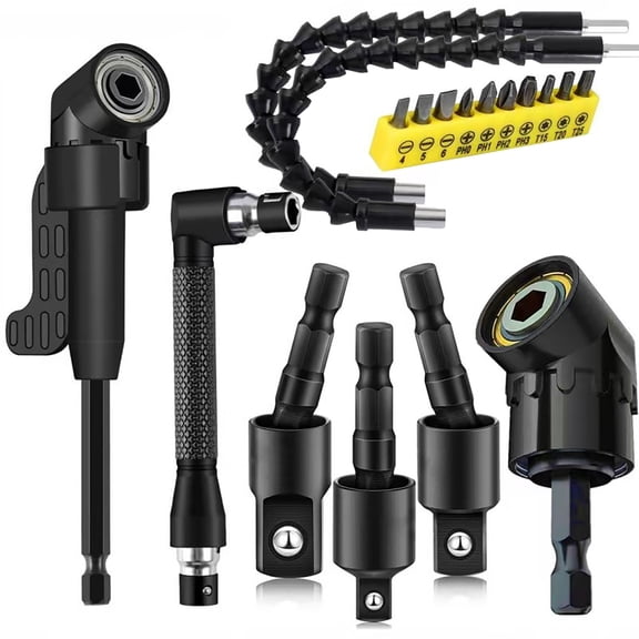 Flexible Drill Bit Extension Set, Includes 105 Right Angle Drill, Bendable Drill Extension, 3pcs 1/4 3/8 1/2" Universal Socket Adapter Set, 3pcs Drill Bit Holder, Screwdriver Bit Kit