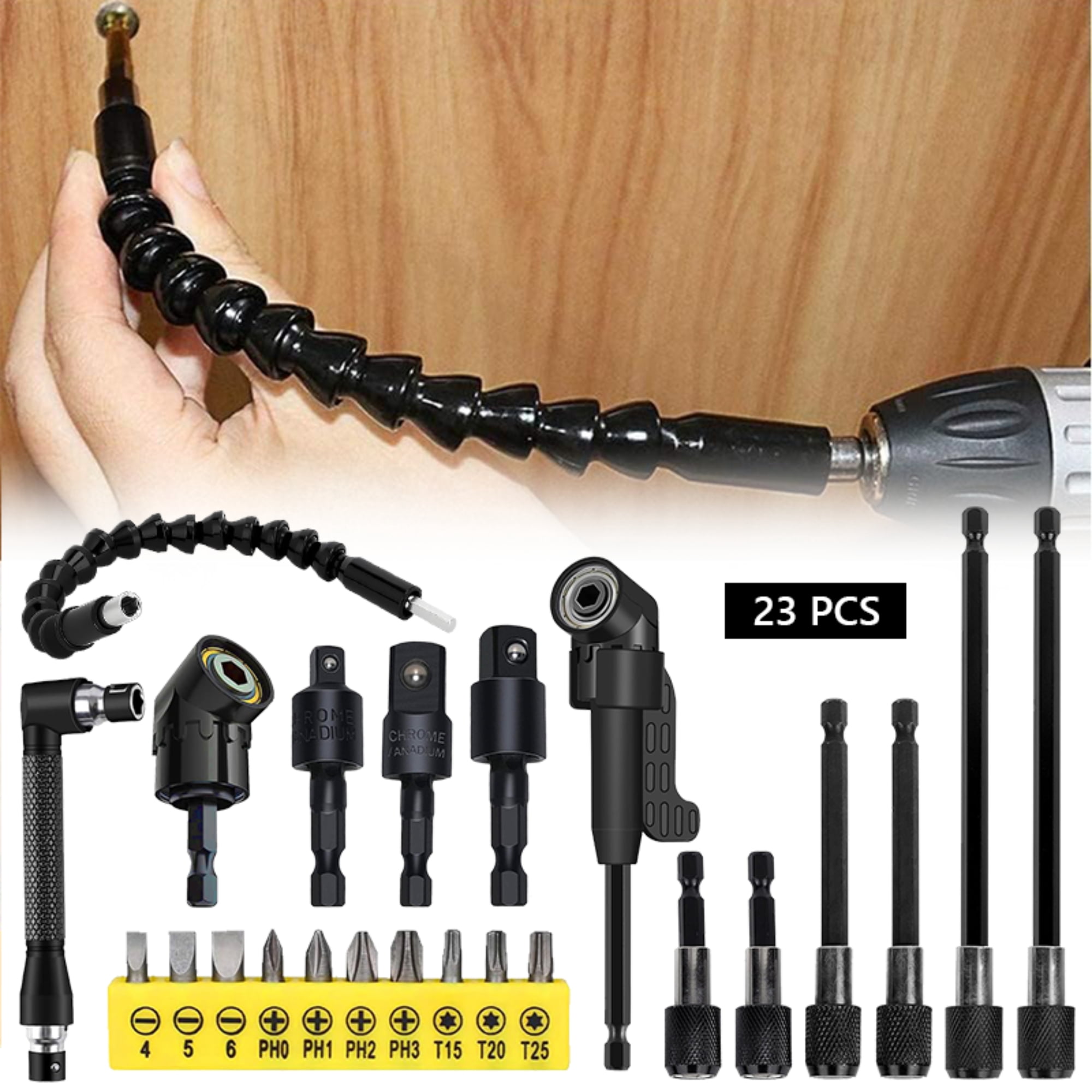 Flexible Drill Bit Extension Set, Includes 105° Right Angle Drill, Bendable Drill Extension, 3pcs Universal Socket Adapter Set, 6pcs Drill Bit Holder, Screwdriver Bit Kit