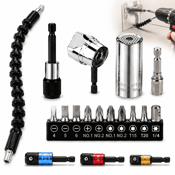 Flexible Drill Bit Extension and Universal Socket Wrench Tool Set, 105° Right Angle Drill Attachment, 1/4 3/8 1/2" Universal Socket Adapter Set, Screwdriver Bit Kit
