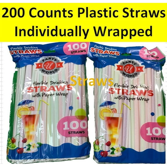 Flexible Drinking Disposable Plastics Straws Neon Individually Wrapped with Paper Wrap 200 Counts 2 Packs