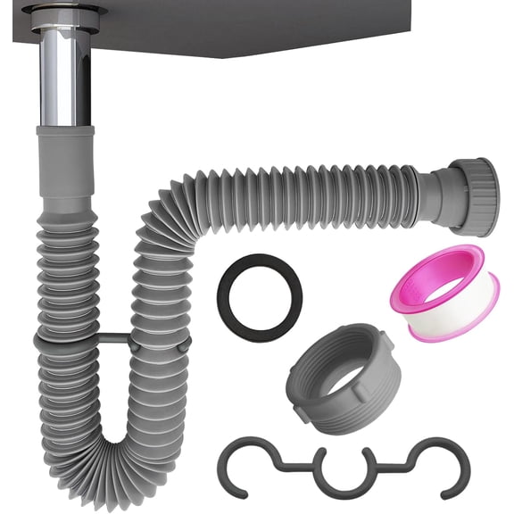 Flexible Expandable Bathroom P Trap, 1 1/4 to 1 1/2 Sink Drain Adapter Included, Wash Basin Rubber Tips Sink Drain Pipe, Universal Extension Tube for Kitchen Bathroom Sink Sewer Drain