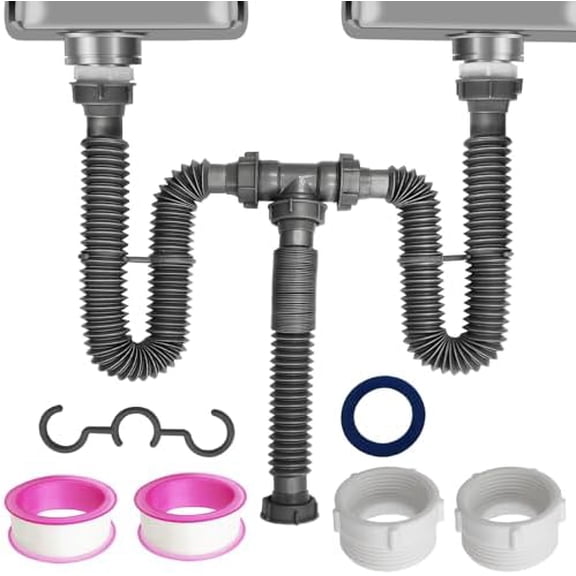 Flexible Expandable Double P-Trap Kit for 1 1/2" or 1 1/4" Double Bowl Sink Drain, Tube Pipes Kit Fit for Kitchen, Bathroom, Complete with Sealing Ring, Tape, and Tubing$$Tools & Hardware Other