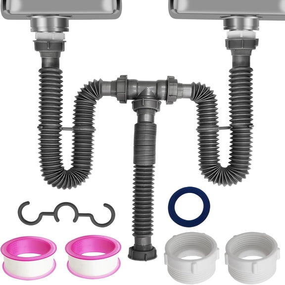 Flexible Expandable Double P-Trap Kit for 1 1/2" or 1 1/4" Double Bowl Sink Drain, Tube Pipes Kit Fit for Kitchen, Bathroom, Complete with Sealing Ring, Tape, and Tubing