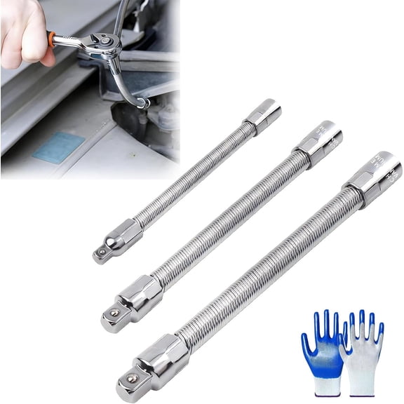 Flexible Extension, 3/8", 1/4", 1/2" Drive Bar, Flexible Extension Set, Wrench Sleeve Universal Extension Rod Set, 360 Bendable High Torque Spring Steel for Impact Wrench & Automotive Repair