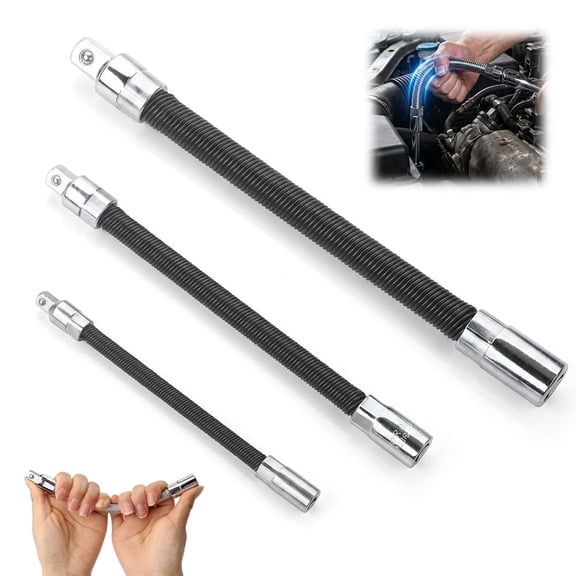 Flexible Extension Bar Set 3PCS, 360 Degree Bendable Spring Steel Extension Rod 1/4" 3/8" 1/2" Drive High Torque Universal Adapter for Tight Spaces