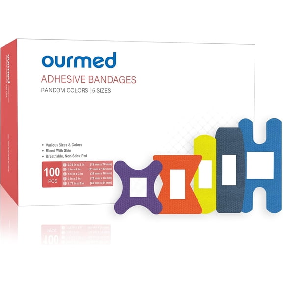 Flexible Fabric Bandages with Non-Stick Pad, Latex Free, Rainbow Colors Adhesive Bandage First Aid Wound Care for Cuts, Scrapes, Blisters, Assorted Sizes, 100 Count