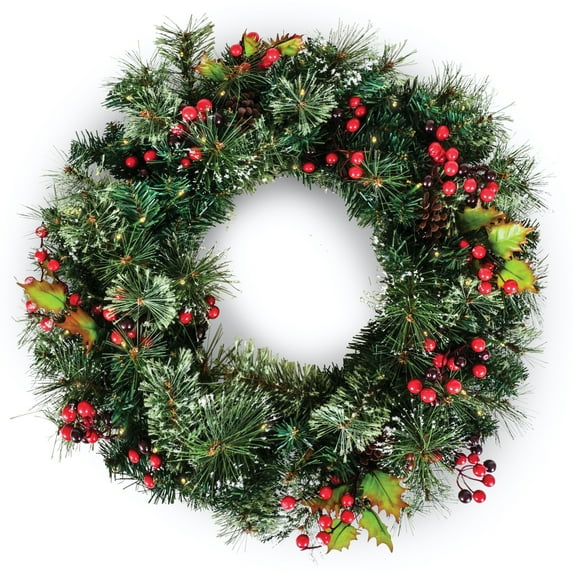 Flexible Flyer 24” Pre-lit Christmas Wreath for Front Door. Outdoor Battery-Operated Evergreen, Holly Berry