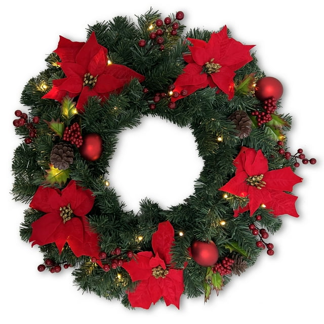 Flexible Flyer 24” Pre-lit Christmas Wreath for Front Door. Outdoor Battery-Operated Evergreen, Poinsettia